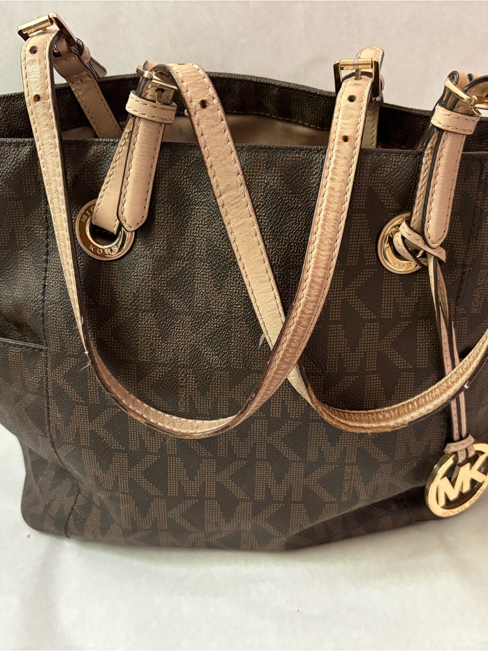 Michael Kors Brown MK Logo Tote with Cream Leather Straps